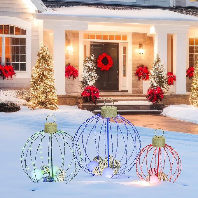 Outdoor Christmas Decorations, Set of 3 Lighted Christmas Ball Ornaments with 570 LED Lights, 6 Ground Stakes, Included 20 Small Plastic Xmas Ball Ornaments for Holiday Decor Yard
