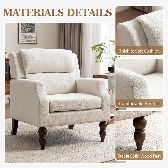 Kidol & Shellder White Oversized Accent Chair for Living Room Set of 2 Modern Reading Chair with Back Wide Upholstered Comfy Single Sofa Chair for Bedroom Lounge Side Corner Fabric Armchair