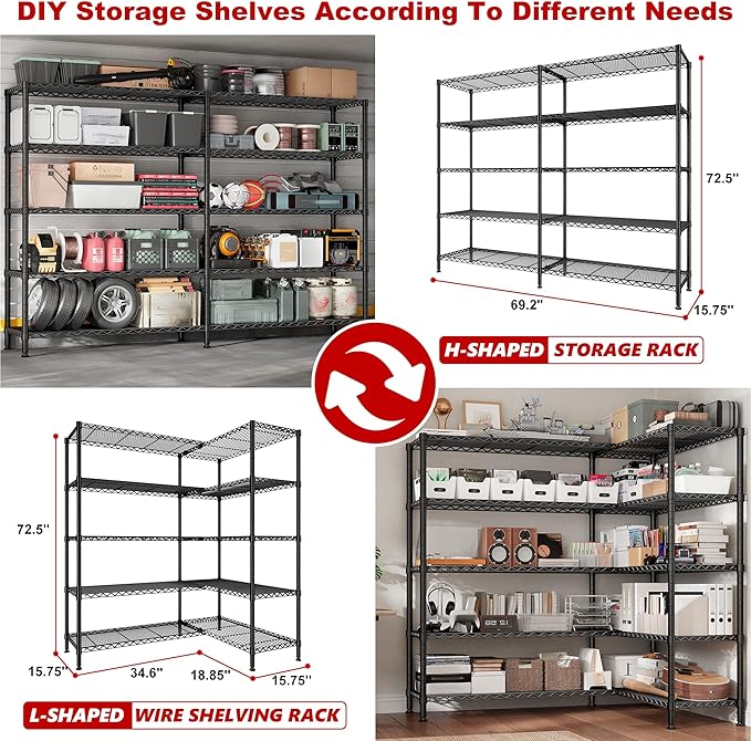 REIBII 70" W Storage Shelves Heavy Duty Load 1600LBS, Metal Shelving 5-Tier Wire Shelving Unit Metal Shelves for Storage Adjustable Shelving Rack for Pantry Kitchen 70" W*15.8" D*72.4" H, 2 Pack
