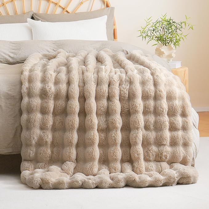 BENVWE Faux Fur Throw Blanket for Couch - Cozy Fuzzy Soft Plush Fluffy Thick Luxury Minky Bubble Blanket for Living Room Home Decor- Mothers Day Birthday Gifts for Women, Beige, 51" x 63"