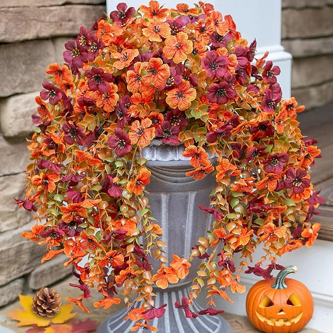 INSPRING Fake Autumn Flowers for Outdoors, 2Pcs Artificial Fall Light Orange & Brown Daisy Outside Decor, Fake Hanging Decoration, Realistic Plants, Silk Flower for Porch Patio Balcony Planter