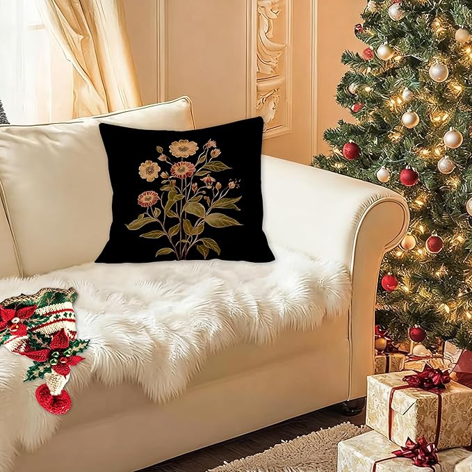 Vintage Botanical Floral Pillow Covers 18x18, Retro Dark Cottagecore Rustic Wildflower Decorative Throw Pillow Covers for Bedroom Living Room Home, Floral Room Decor