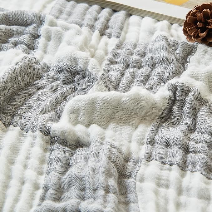 EMME Checkered Cotton Queen Size Bed Blanket, 80"x90", Lightweight Breathable Cooling All Season Gauze, Light Grey