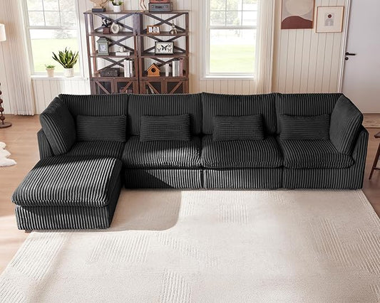 Oversized Modular Sofa, Extra Deep Cloud Corduroy Sectional Couch with Ottoman Chaise, Fluffy Corduroy 5 Seater Sofa Bed for Living Room, Villa (L Shape 5 Seater, Corduroy Black)