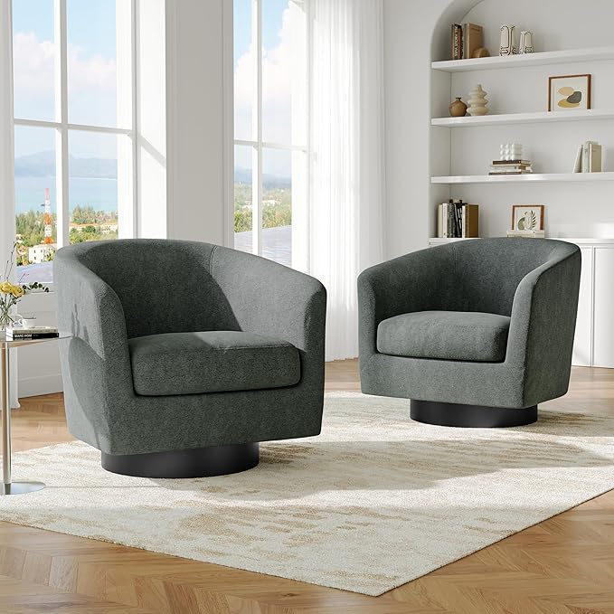Swivel Barrel Accent Chair, Modern Round Chenille Fabric Arm Chair for Living Room, Bedroom, Comfy Club Reading Chairs for Adults（Chenille Fabric, Grey, Set of 1