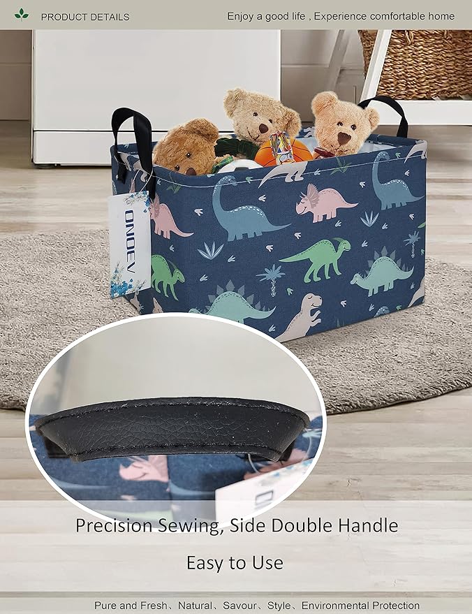 Rectangular waterproof laundry basket,foldable storage basket,laundry Hampers with handle,gift basket,suitable for children's room and toy storage (Blue Dinosaur)