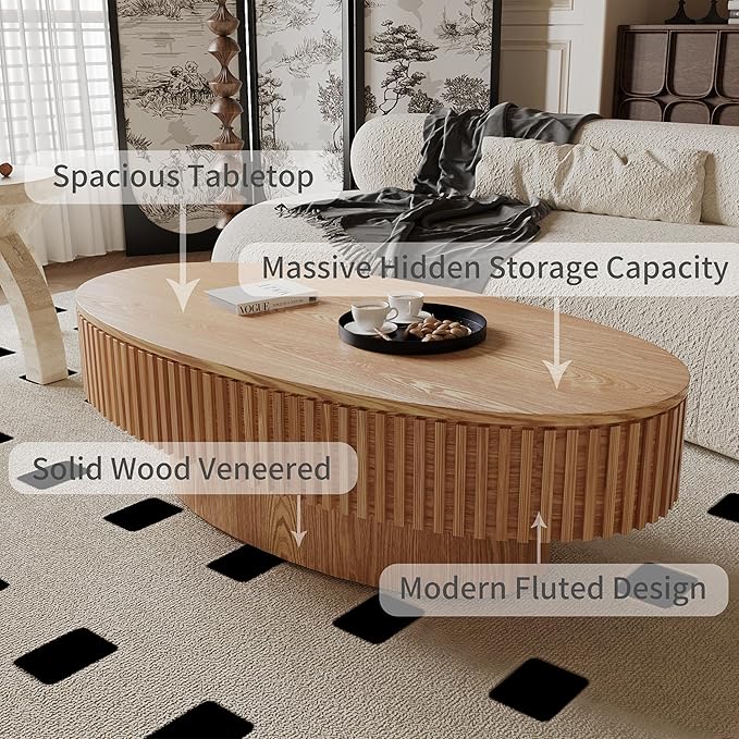 47.2''Oval Coffee Table with Storage, Mid Century Modern Drum Center Tables with Lid Fluted Solid Wood Side Coffee Table Pedestal Tea Table for Living Room, Bedroom, Apartmen-Natural