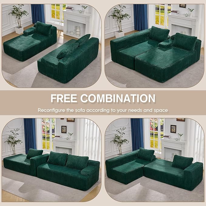 Hobestluk Modular Sectional Sofa Couches 108" L-Shape Couch 3 Seat Modular Sofa Memory Foam Sectional Couches for Living Room, Boneless Couch with Oversized Chaise (Green, Left Facing)