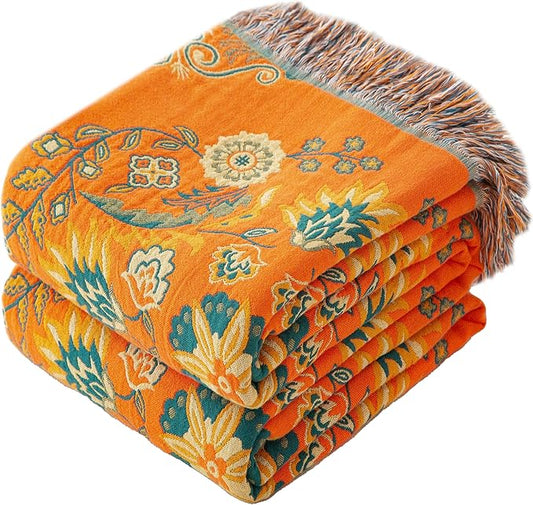 Boho Throw Blanket Full Size, Extra Large Soft Cozy Cotton Muslin Quilt Blanket for Bed Decor, Floral Patterned Couch Sofa Chair Cover, Vintage Farmhouse Cottage Woven Blanket, Orange&Green