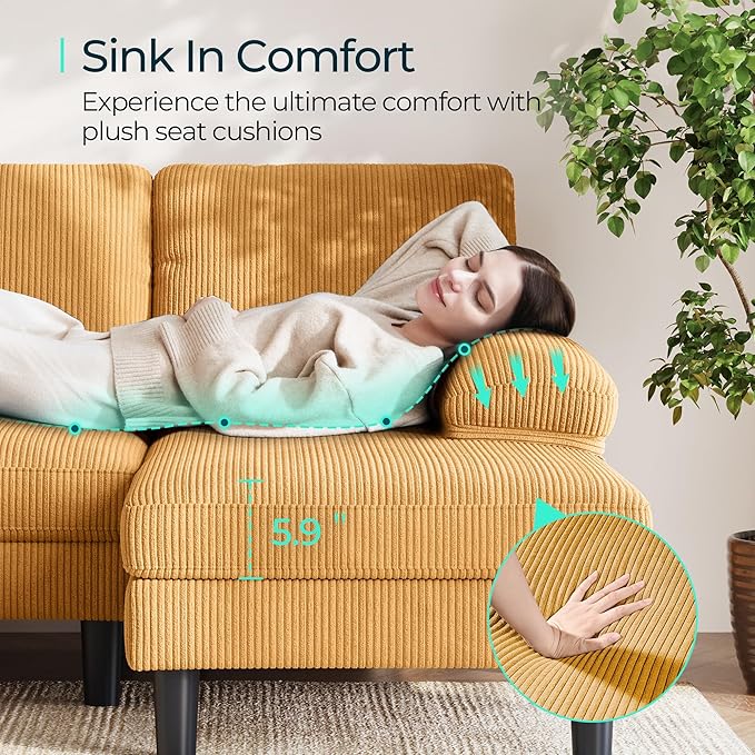 LINSY HOME Sectional Couch, 111'' W Corduroy U Shaped Sofa with Sleepable Armrests, 4 Seat Couch with Double Chaises, Deep Seat Sofa for Living Room, Yellow
