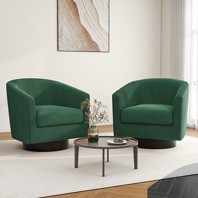 Swivel Barrel Accent Chair, Modern Round Corduroy Fabric Arm Chair for Living Room, Bedroom, Comfy Club Reading Chairs for Adults (Corduroy Dark Green, Set of 2)