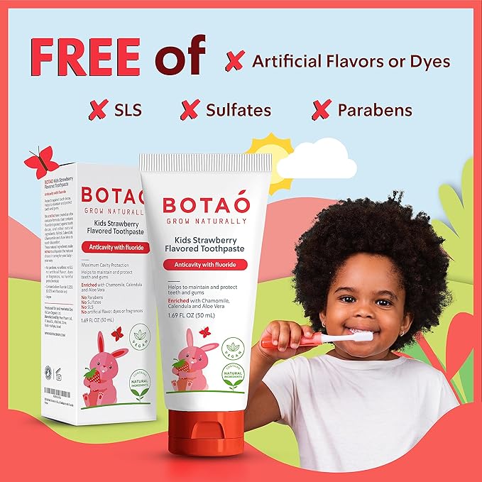 Kids Natural Strawberry Flavored Anticavity Fluoride Toothpaste Maximum Cavity Protection Cleans Children’s Teeth Protects Gums Chamomile Aloe Vera Calendula Xylitol for Ages 2 and Up