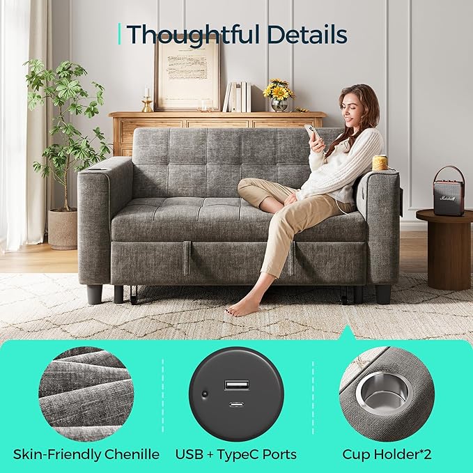 LINSY 3-in-1 Convertible Sofa Bed, 54" Pull Out Sleeper Sofa with Charging Station & Cup Holder, Small Folding Loveseat with Side Pocket for Small Space, Corduroy Couch, Gray
