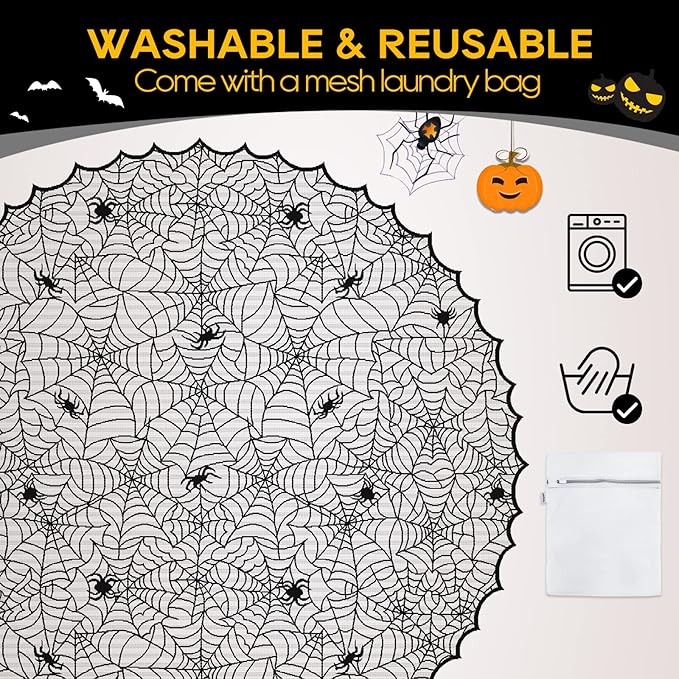 eZAKKA Round Halloween Tablecloth, 70 Inch Spider Webs Tablecloths Black Tablecloth Lace Fabric Table Cloths Spooky Table Cover for Parties Gothic Halloween Home Decorations