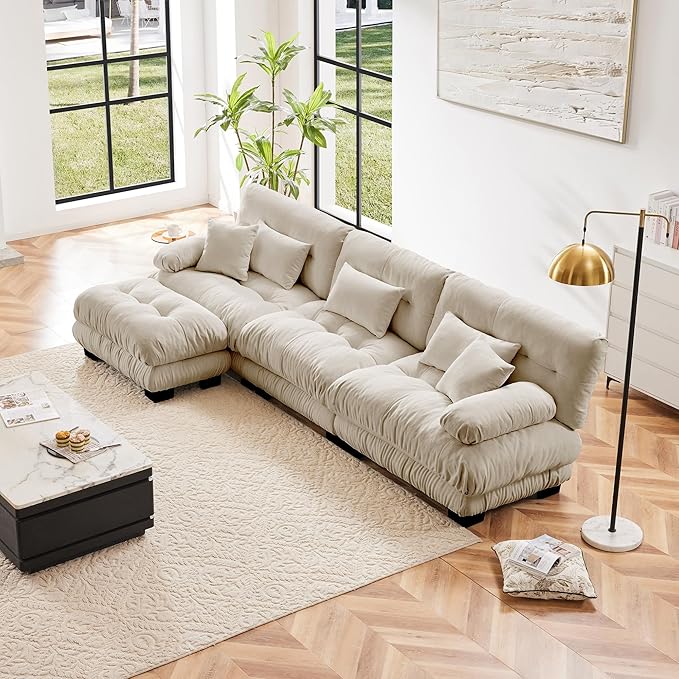 L Shaped Couch Sectional Couch, 3-Seater Cloud Couch Sectional Oversized Couch, Sofa Bed Couch with Round Bolster Armrests 5 Pillows, Modular Couch Home Sofa Living Room Couch