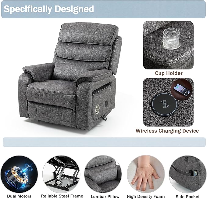 Power Lift Recliner Chair for Adults Elderly Lay Flat Velvet Recliners with Massage Heating, Extended Footrest, Wireless Charging Device, USB Ports, Cup Holder, Lumbar Pillow