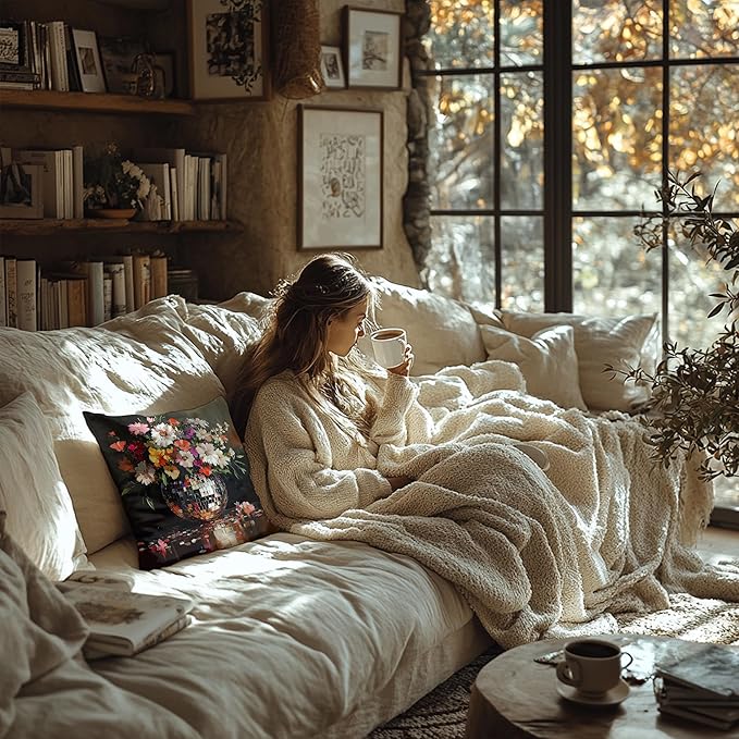 Trendy Eclectic Disco Ball Moody Floral Pillow Covers 18x18, Maximalist Funky Wildflowers Bouquet Throw Pillow Covers for Living Room Bedroom, Dark Cottagecore Decor, Eclectic Home Decor