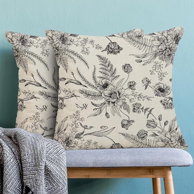 CXMEIFLY Spring Floral Leaves Pillow Covers 16 x 16 Inch Set of 2 for Chinoiserie Flowers Decor Throw Pillows Black and White Seasonal Plant Outdoor Decorative Cushion Cases for Couch Bed Decorations