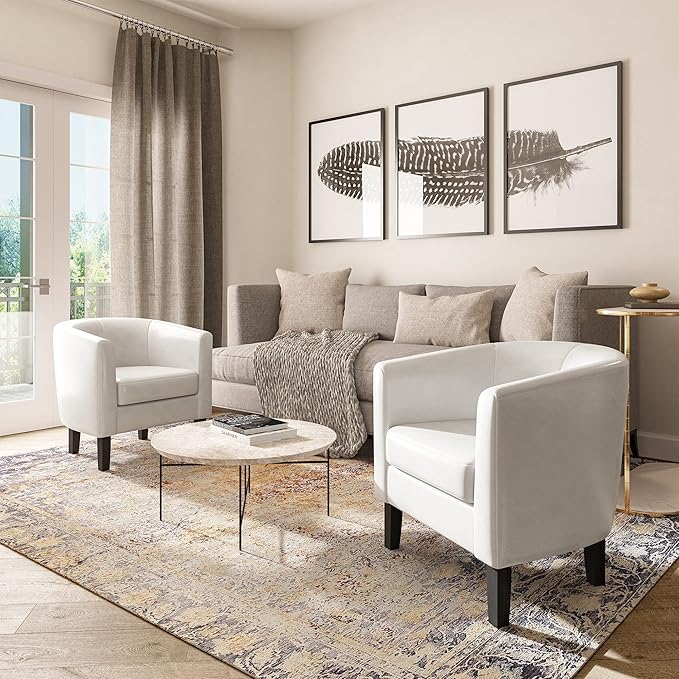 BELLEZE Accent Barrel Chair, Club Tub Sofa Corner Chair with Flared Legs and Cozy Soft Padding for Living Room Bedroom Waiting Room - White