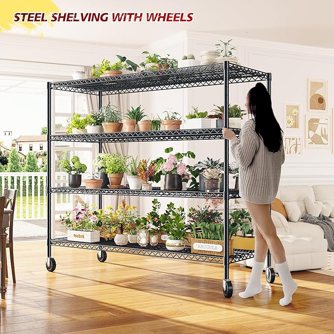 REIBII 55.5''W Storage Shelves 2500LBS Wire Shelving Unit with Wheels Heavy Duty Metal Shelves for Storage Adjustable Garage Storage Rack Pantry Shelf Kitchen Shelving, 75.6" H X 55.5''W X 24" D, 3PCS