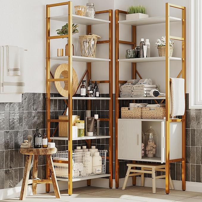 Triple 5 Tier Bookshelf, Industrial Large Bookcase with Storage Cabinet, Tall Gold Bookshelf with 14 Open Display Shelves Metal Frame Furniture for Living Room Bedroom Home Office Gold & White