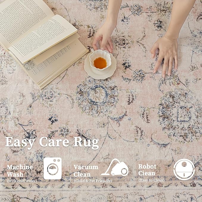 3'x5' Vintage Floral Rug - Persian Inspired Low-Pile Faux Wool Area Rug, Non-Slip Washable Small Rug for Bedroom, Nursery, Dorm, Soft Pink Boho Chic Decor