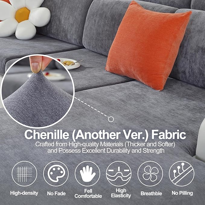 Large Backrest Cushion Covers Super Stretch Backrest Covers for 3 Cushion Couch Sofa, Couch Back Cushion Covers Featuring with Chenille Yarn (Softer Version, 3PC, Dark Grey)