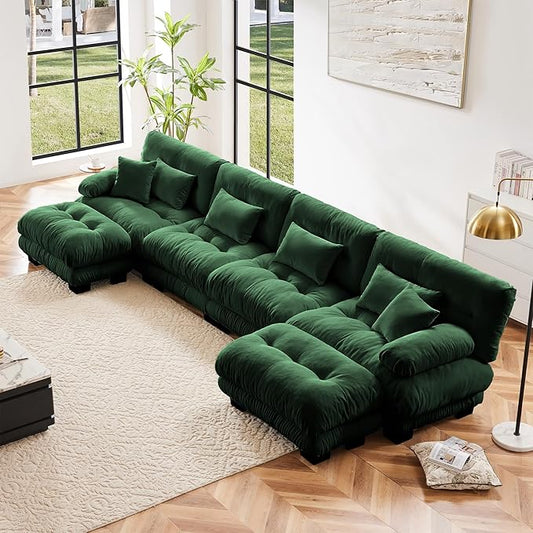 Modular Sectional Sofa, Comfy Cloud Couch 4 Seater Couch with Ottoman, Sectional Couches for Living Room, Modern Chenille U Shaped Couches, Sleeper Deep Seat Sofa with Throw Pillows, Green
