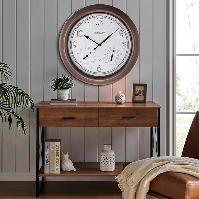 CLXEAST 18 Inch Illuminated Outdoor Indoor Atomic Analog Wall Clock with Temperature & Humidity, Lighted Outdoor Clocks for Patio Large Waterproof with Thermometer,Bronze Finish,House Warming Gifts