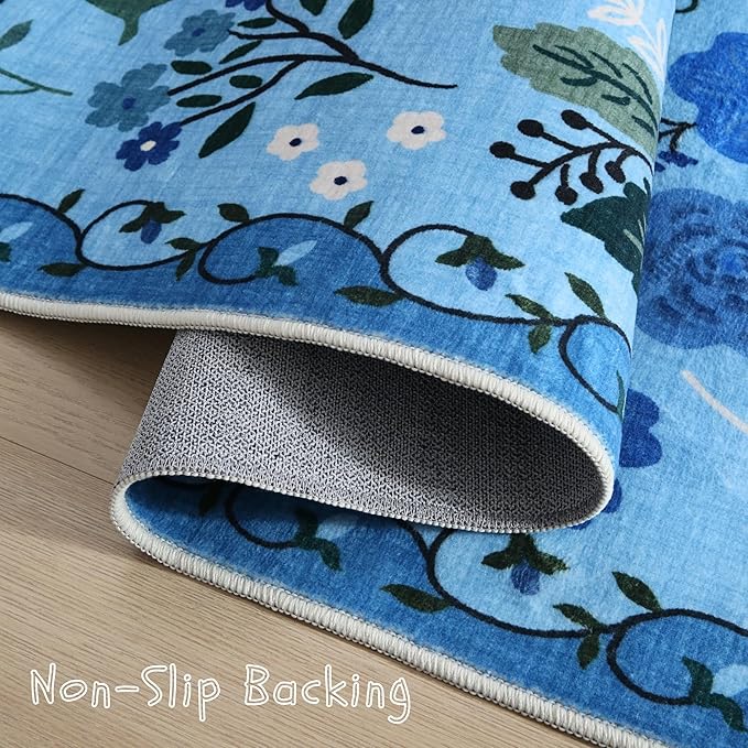 Runner Rug for Hallways Kitchen Rug Non Slip 2'6''x8' Washable Runner Rugs with Rubber Backing Soft Floral Carpet Runner for Hallways, Kitchen, Laundry, Bedroom, Bathroom(Blue)