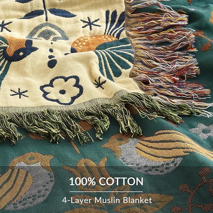 Boho Throw Blanket for Couch Sofa Bed, 100% Cotton Woven Quilt with Tassel 90”x98”, Super Soft Muslin Blanket with Bird Printed, Decorative Reversible Bed Blanket/Cover for All Seasons