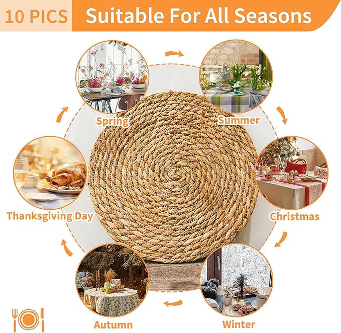 Defined Deco Woven Placemats Set of 10,13.5" Round Rattan Placemats,Farmhouse Weave Rustic Braided Wicker Table Mats for Dining Table Home Wedding