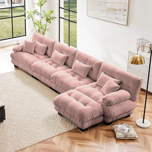 L Shaped Couch Sectional Couch, 4-Seater Cloud Couch Sectional Oversized Couch, Sofa Bed Couch with Round Bolster Armrests 6 Pillows, Modular Couch Home Sofa Living Room Couch(Pink)
