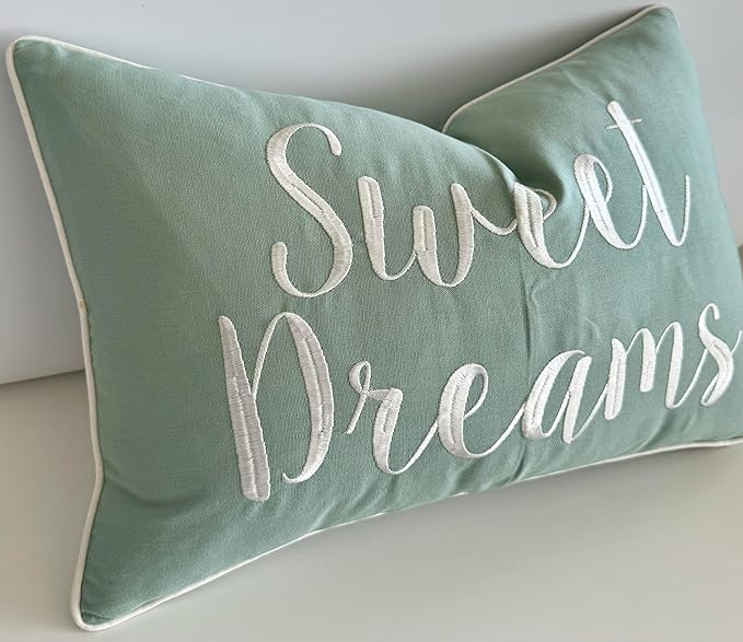 Rudransha 12x18 Sweet Dreams Lumbar Pillow Cover - Embroidered Quote Throw Pillowcase - Decorative Cushion for Couch, Sofa, Bed, Nursery, Cozy Corner - Relaxing Bedroom Accent - Light Teal
