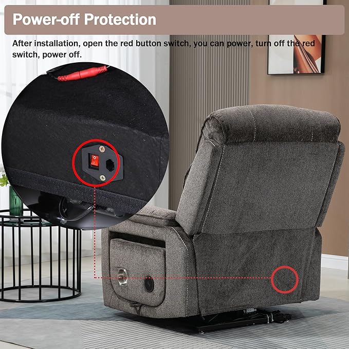 Power Lift Recliner Chair for Adults Elderly Chenille Lay Flat Recliners with Massage Heat, Extended Footrest, Wireless Charging Device, USB Ports, Cup Holder, Lumbar Pillow Up to 400LBS
