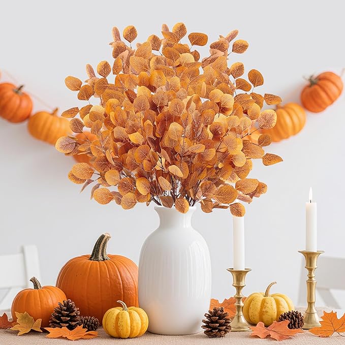 6 Pcs 36" Artificial Eucalyptus Fall Leaves, Long Fake Eucalyptus Leaves Stems Plants Fall Decorations for Indoor Home Office Party Autumn Decor