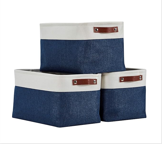 DECOMOMO Storage Baskets for Shelves - Fabric Closet Organizers and Storage Bins, Perfect Baskets for Organizing Closet Toys Nursery (Navy Blue and White, XL - 3 Pack)