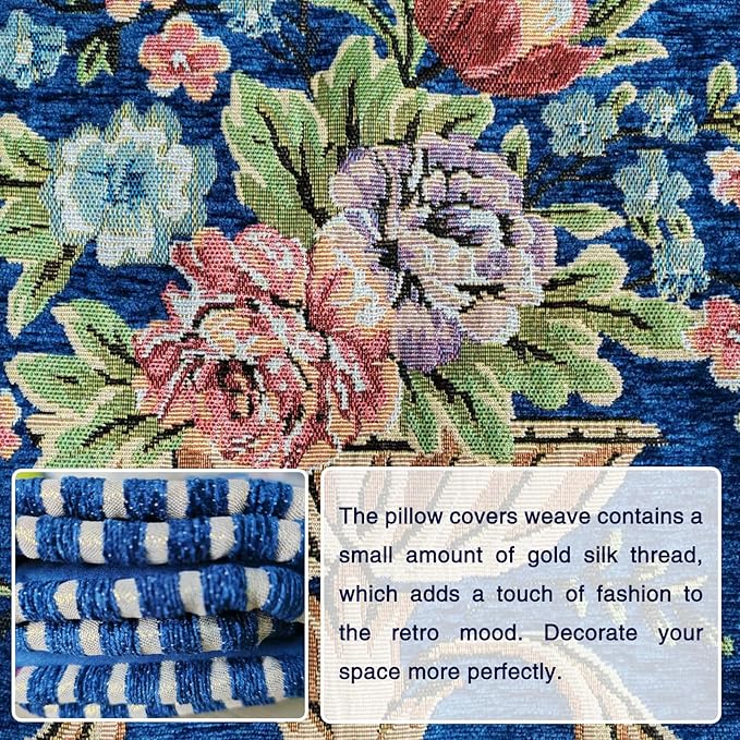 Set of 2 Blue Vintage Embroidered Throw Pillows Covers 18x18in，Vintage Decorations Floral Embroidered Cushion Cover for Sofa Couch Bed Chairs Car