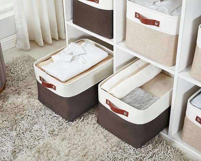 DECOMOMO Storage Bins Fabric Storage Baskets for Shelves, Linen Closet Organization Toys Nursery (Brown and White, Large - 3 Pack)