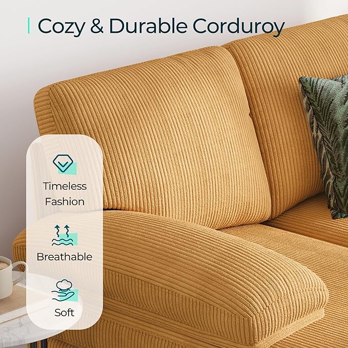 LINSY HOME Sectional Couch, 111'' W Corduroy U Shaped Sofa with Sleepable Armrests, 4 Seat Couch with Double Chaises, Deep Seat Sofa for Living Room, Yellow