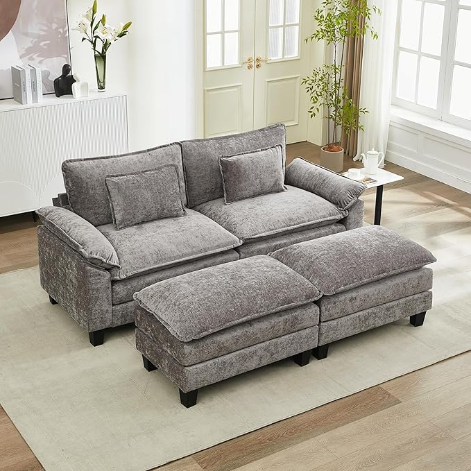 URRED Modular Sectional Sofa Comfy Cloud Couch, Modern Chenille Sofa Sleeper Deep Seat Couches with Ottoman/Pillows for Living Room (Gray, 82.6''- 2 Ottomans)