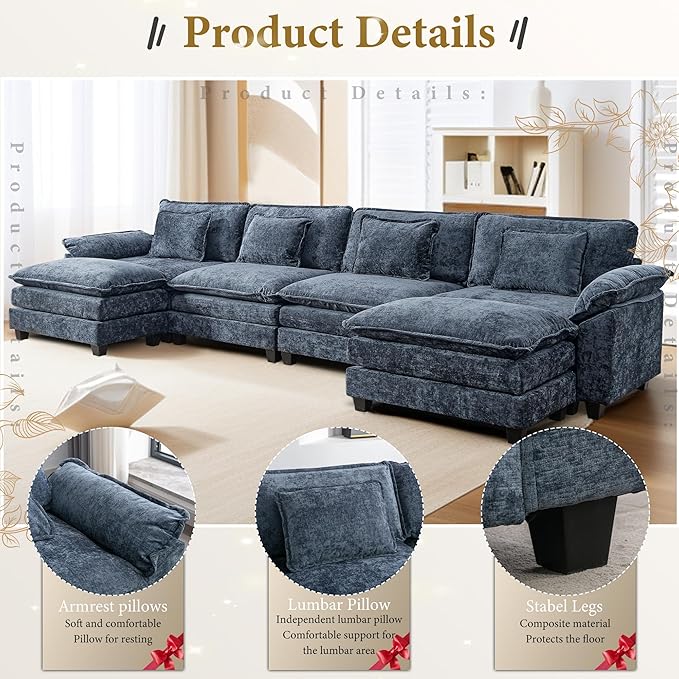 URRED Modular Sectional Sofa Comfy Cloud Couch, Modern Chenille Sofa Sleeper Deep Seat Couches with Ottoman/Pillows for Living Room (Blue, 154'' - U Shape)