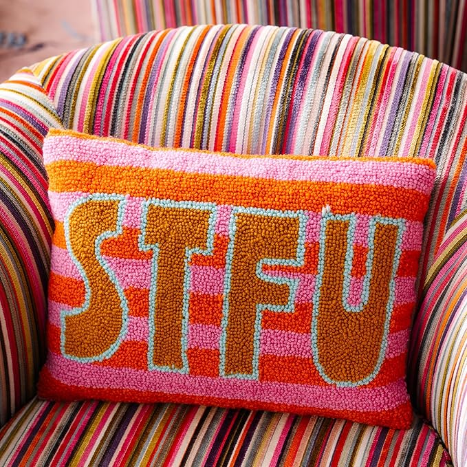 FURBISH Hook Decorative Throw Pillow - STFU - 12"x16" - Small Embroidered Designer Pillow for Living Room, Couch, Sofa, Chair & Bed - Eclectic Home Decor