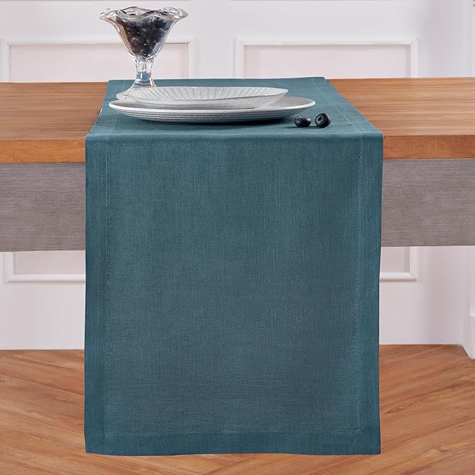 Solino Home Peacock Blue Table Runner 48 Inches - 100% Pure Linen Short Table Runner 14 x 48 Inch Ideal for Dresser and Coffee Tables - Fete