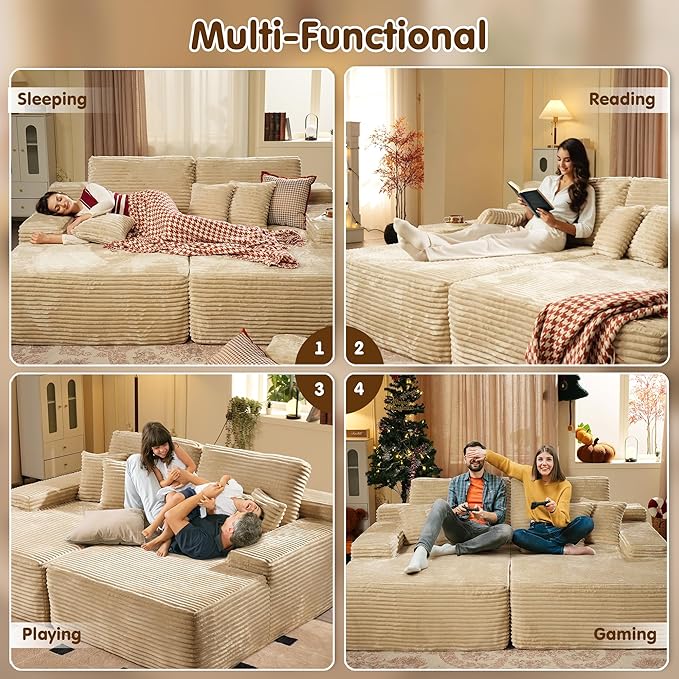 ovios 81" Oversized Sectional Double Lounge Chaise with Cloud Plush Sofa Bed, No Assembly Required, Fluffy Modern Sleeper Loveseat Chair for Indoor Living Room Bedroom Reading, Beige (Plush Fabric)