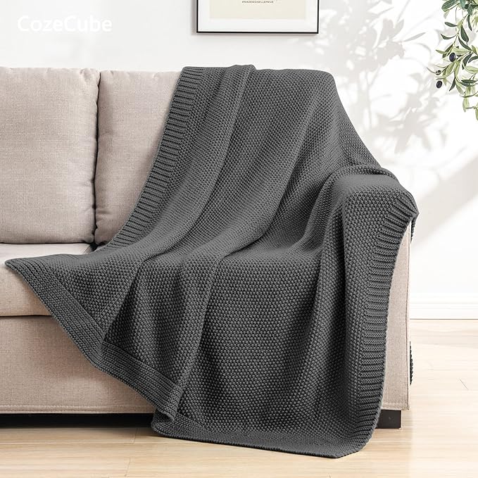 CozeCube Dark Grey Throw Blanket for Couch, Soft Cozy Cable Knit Throw for Bed Sofa Living Room, Lightweight Warm Decorative Farmhouse Christmas Blanket, 50"x60", Charcoal Grey