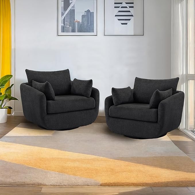360° Swivel Accent Armchair Set of 2, 39.3" Oversized, Sherpa Boucle Fabric Sofa Chair with Removable Back & Arm Pillows, Swivel Chairs with Cozy Soft Padded, No Assembly Required, Dark Gray