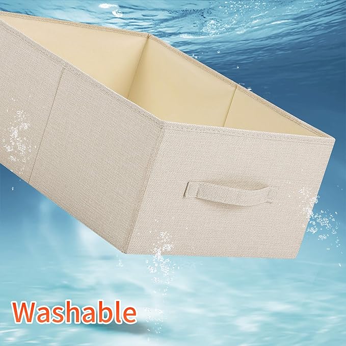 Linen Folding Storage Bins, 3 Pack Large Storage Baskets, Washable, Clothing Storage Bins with Handle, Closet Organizer for Storage Sweater,Sheets(Beige, 18½"x11" x8½")