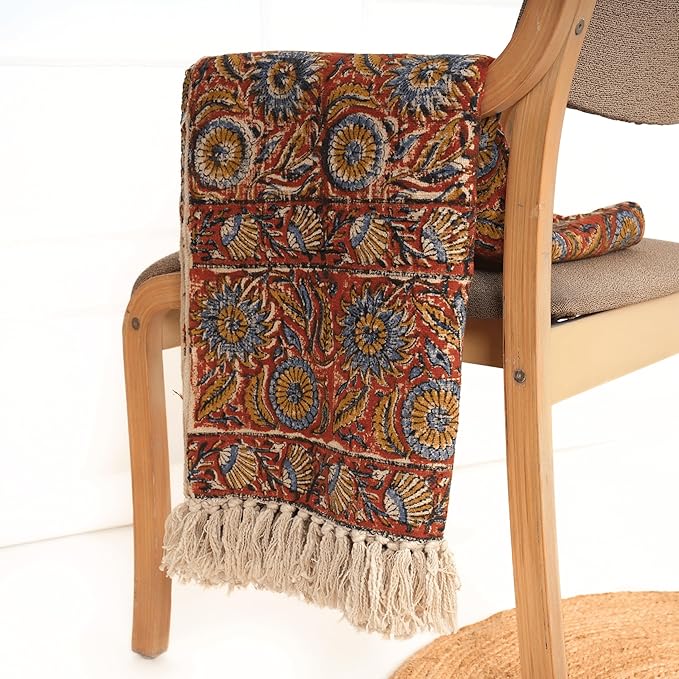 Handmade Cotton Throw Blanket | Floral Block Print in Orange & Navy | 48x70 Inches Fringed Bed Runner | Lightweight Boho Sofa Throw for Couch, Living Room & Bedroom Decor