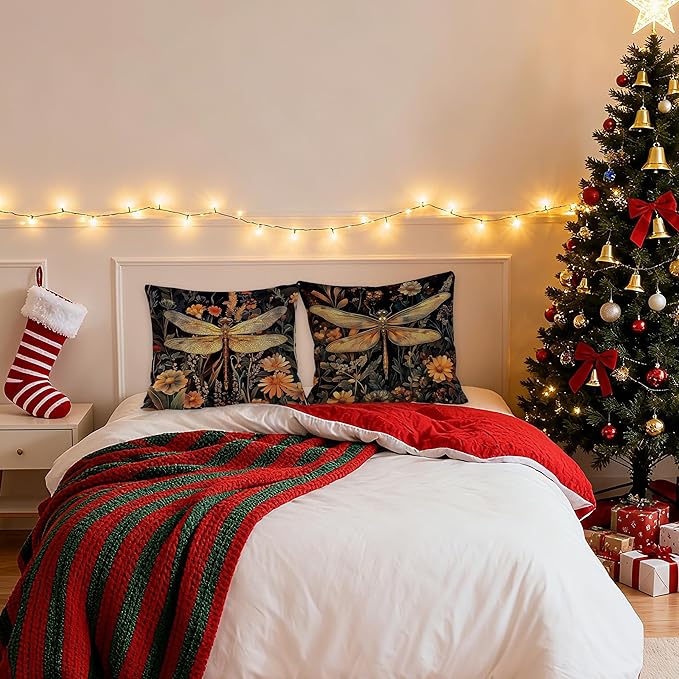 Vintage William Morris Inspired Dragonfly Pillow Covers 18x18, Dark Cottagecore Botanical Wildflower Decorative Throw Pillow Covers for Bedroom Living Room Home, Cottagecore Room Decor